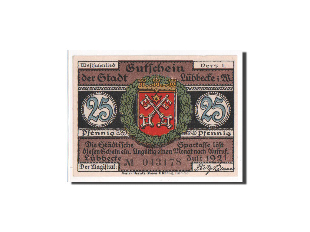 Geldschein, Deutschland, Lubbecke Stadt, 25 Pfennig, 1921, 1921-07-01, UNZ