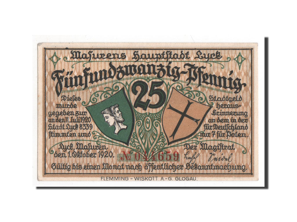 Germany, Lyck Stadt, 25 Pfennig, 1920, UNC(65-70), 044659, Mehl #849.1a