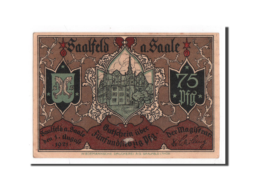 Geldschein, Deutschland, Saalfeld, 75 Pfennig, 1921, UNZ, Mehl:1155.5