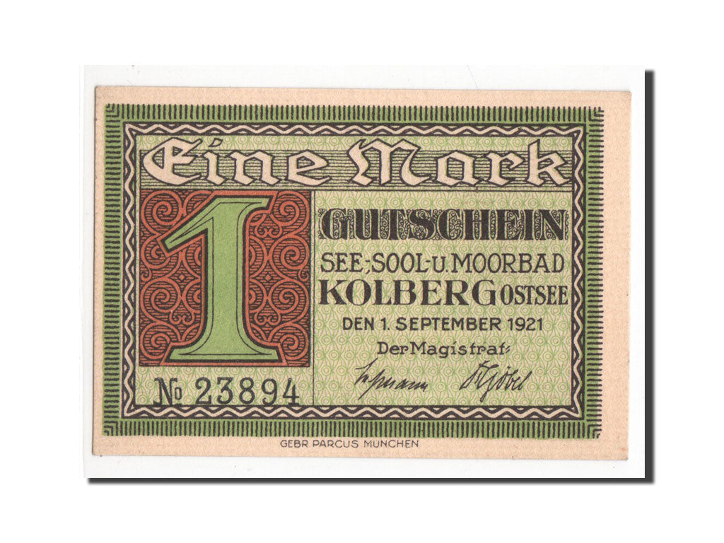 Banknot, Niemcy, Kolberg Stadt, 1 Mark, 1921, UNC(65-70), Mehl:737.1