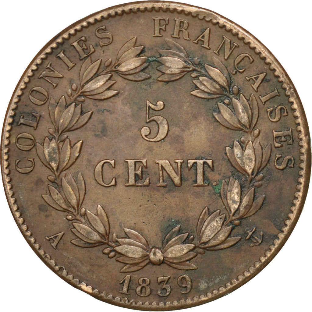 Moneta, Colonie francesi, Louis - Philippe, 5 Centimes, 1839, Paris, BB, Bronzo