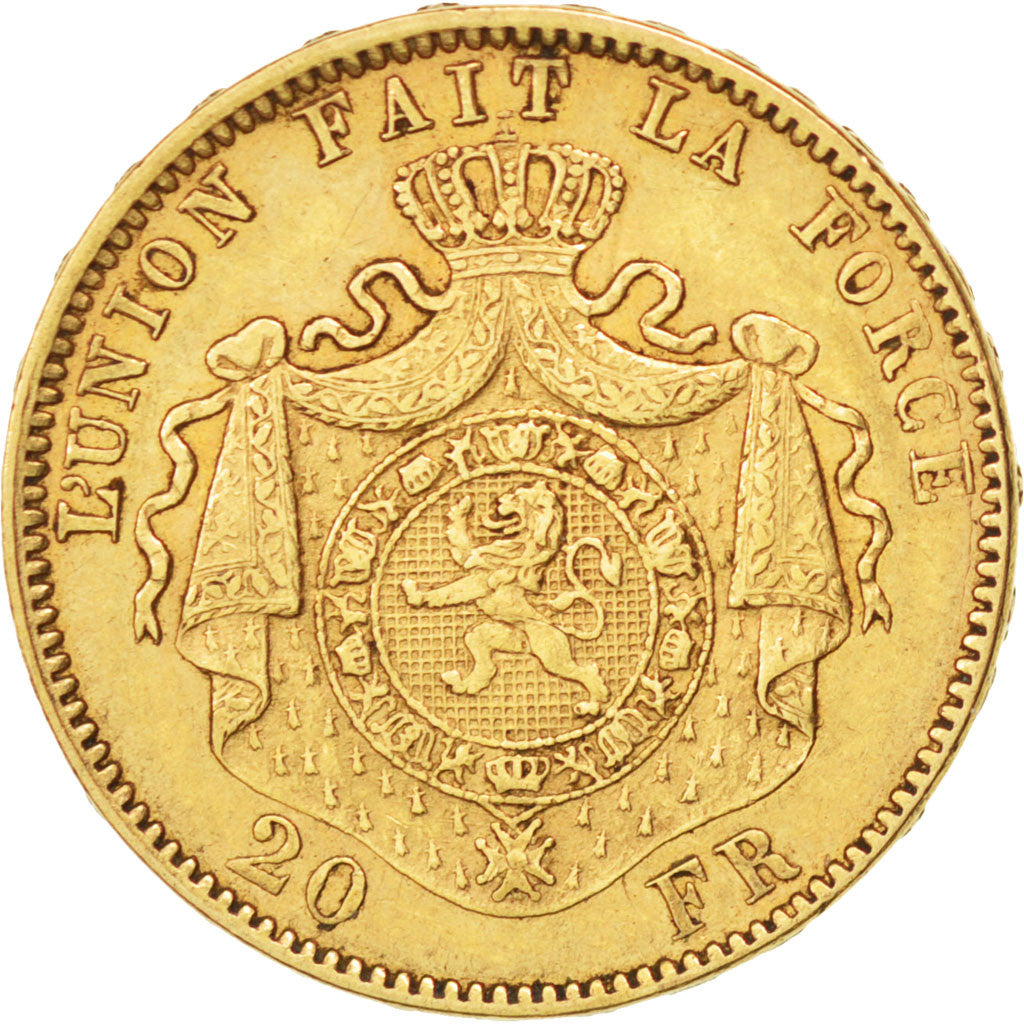 BELGIUM, 20 Francs, 20 Frank, 1878, KM #37, AU(50-53), Gold, 6.43