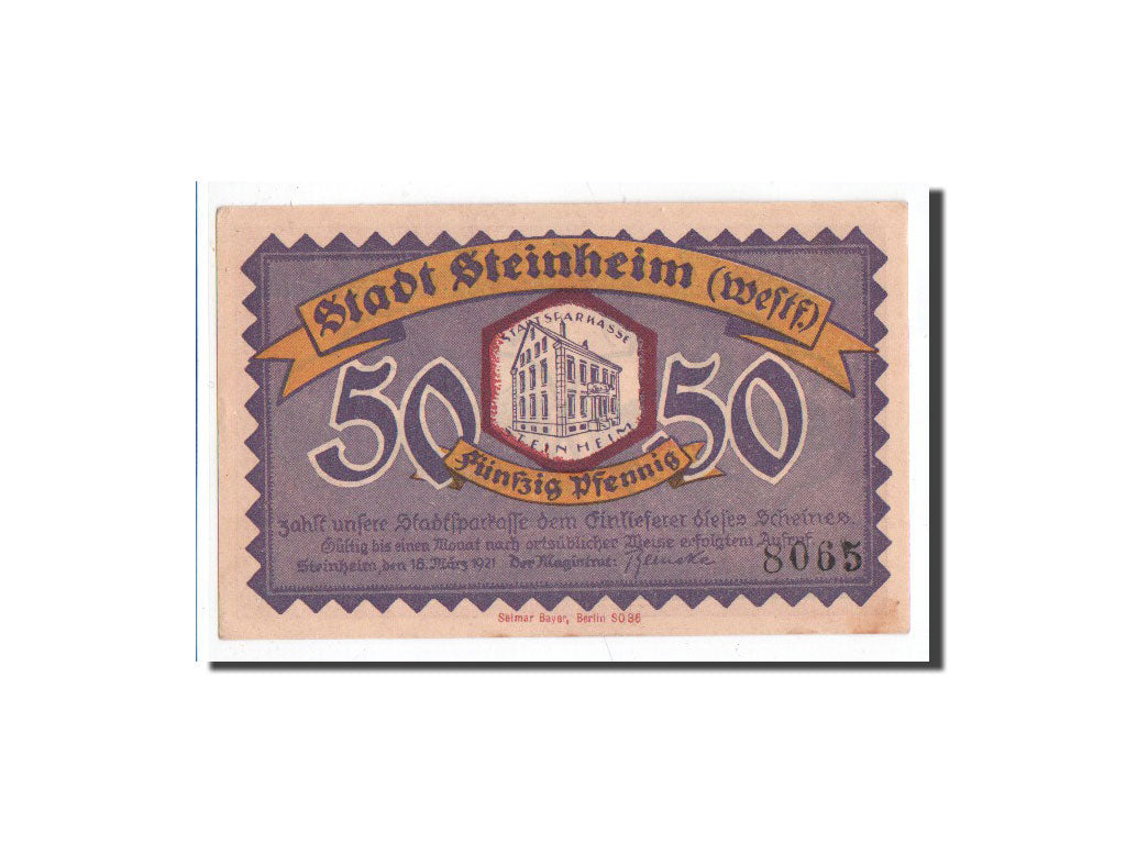 Banknote, Germany, Steinheim Stadt, 50 Pfennig, 1921, 1921-03-18, UNC(65-70)
