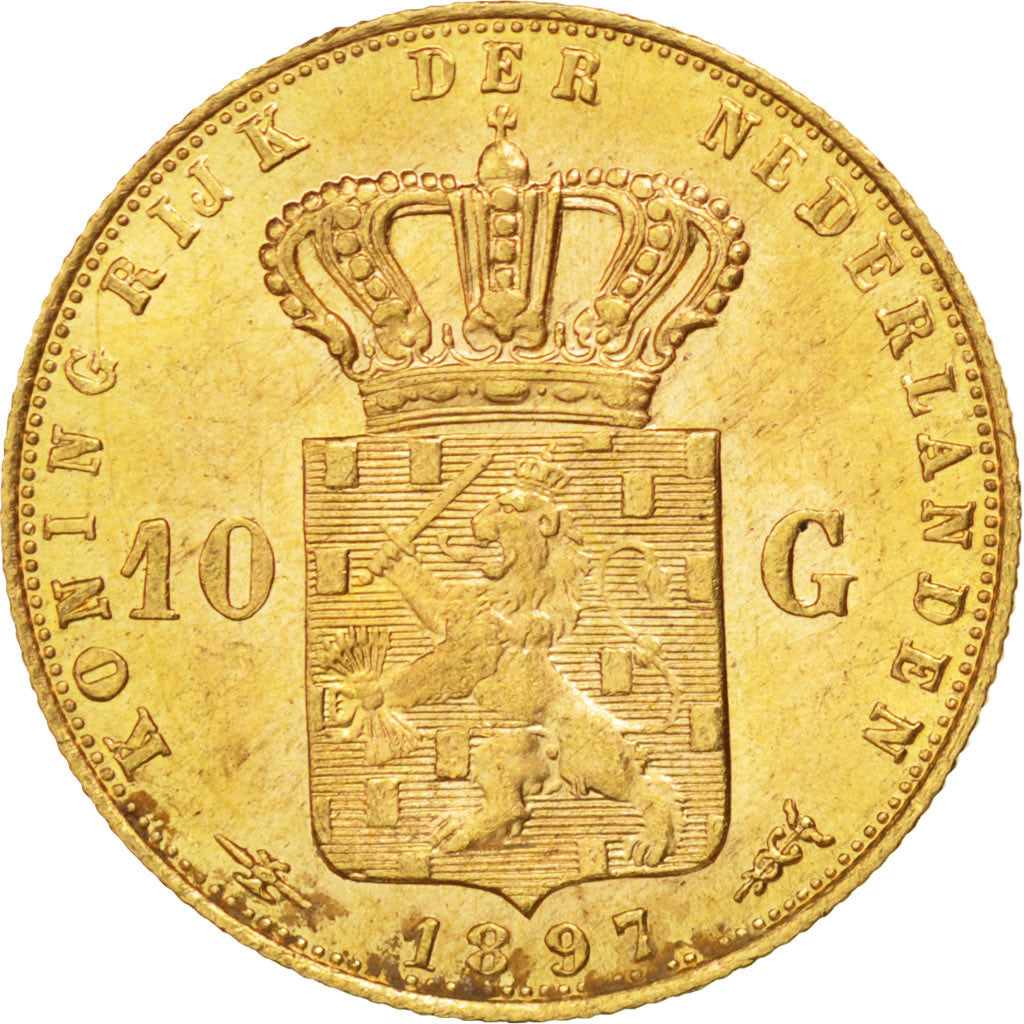 NETHERLANDS, 10 Gulden, 1897, KM #118, AU(55-58), Gold, 22.5, 6.74