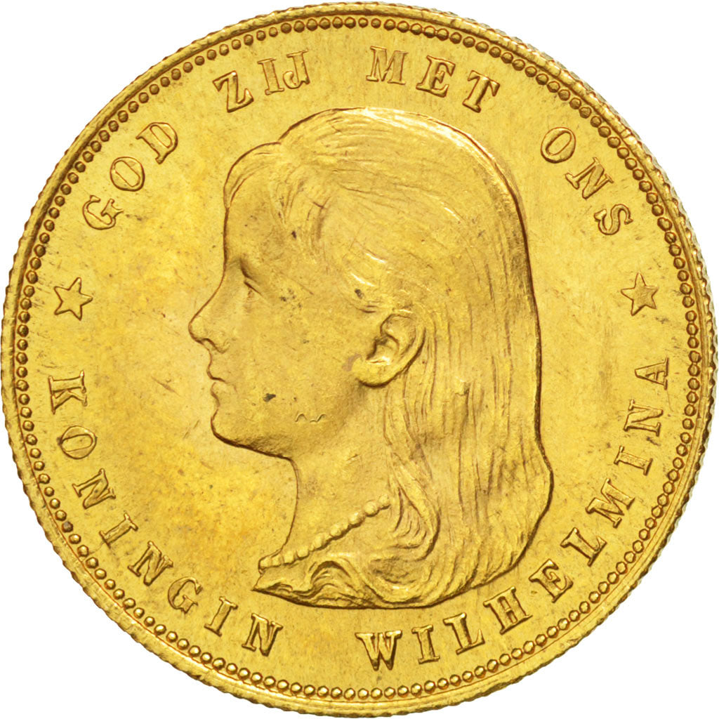 NETHERLANDS, 10 Gulden, 1897, KM #118, AU(55-58), Gold, 22.5, 6.73