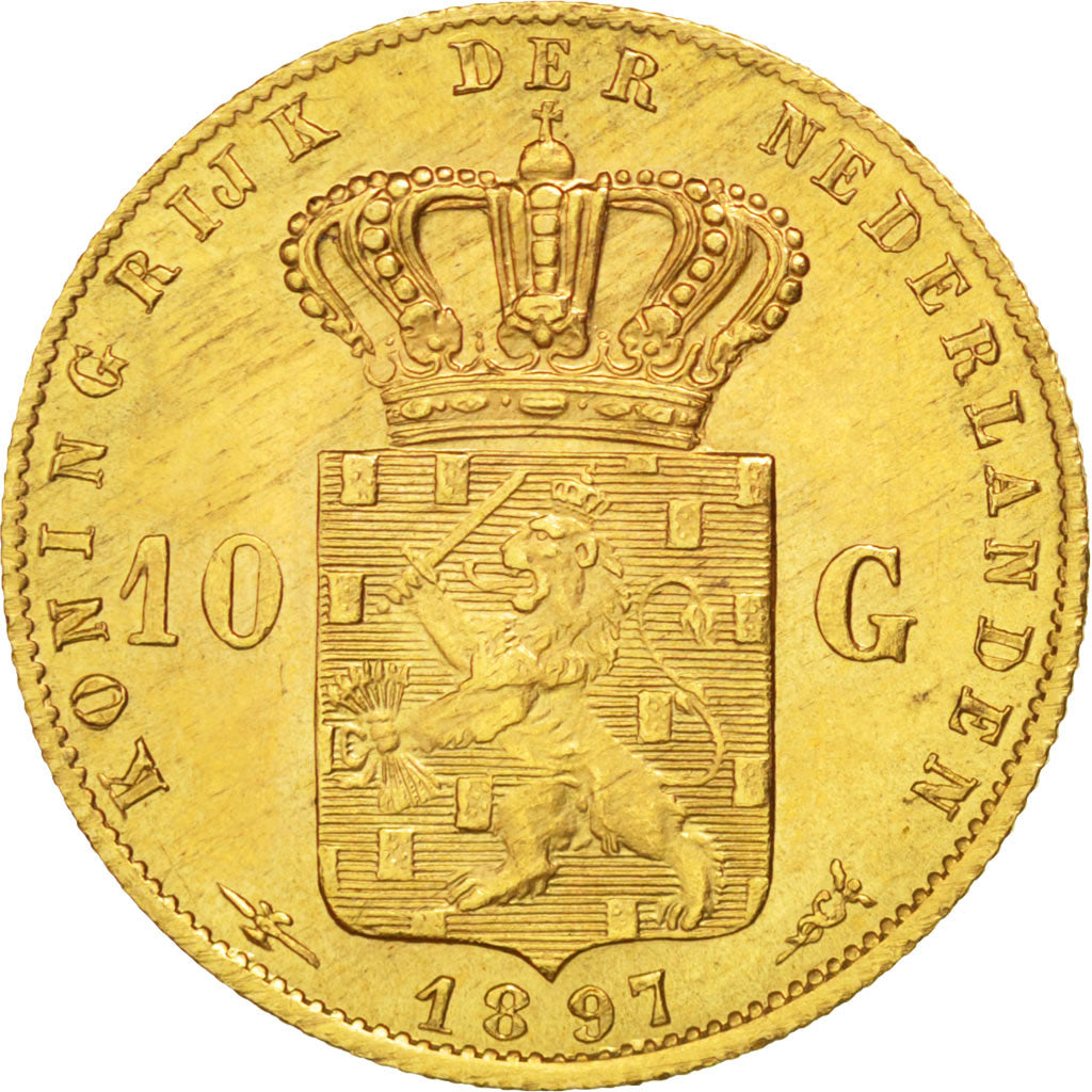 NETHERLANDS, 10 Gulden, 1897, KM #118, AU(55-58), Gold, 22.5, 6.73