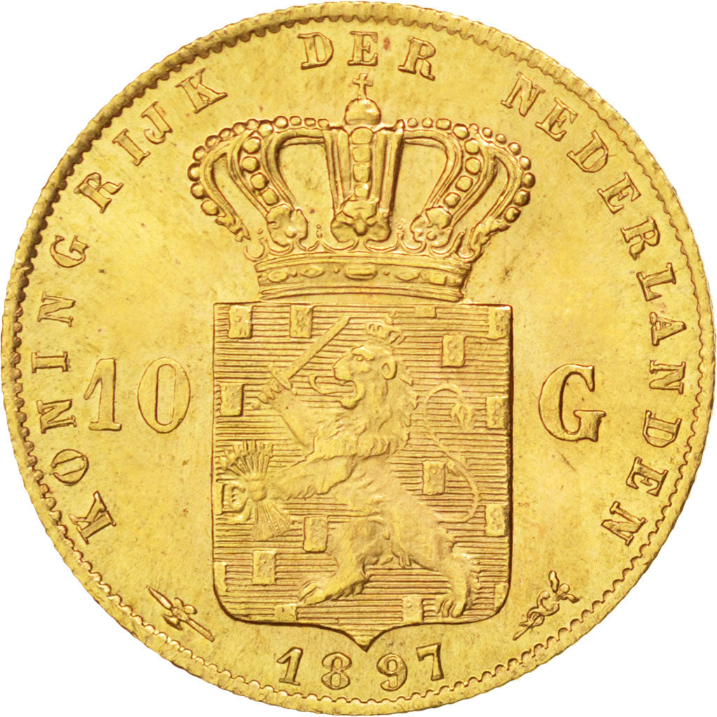 Paesi Bassi, Wilhelmina I, 10 Gulden, 1897, SPL-, Oro, KM:118