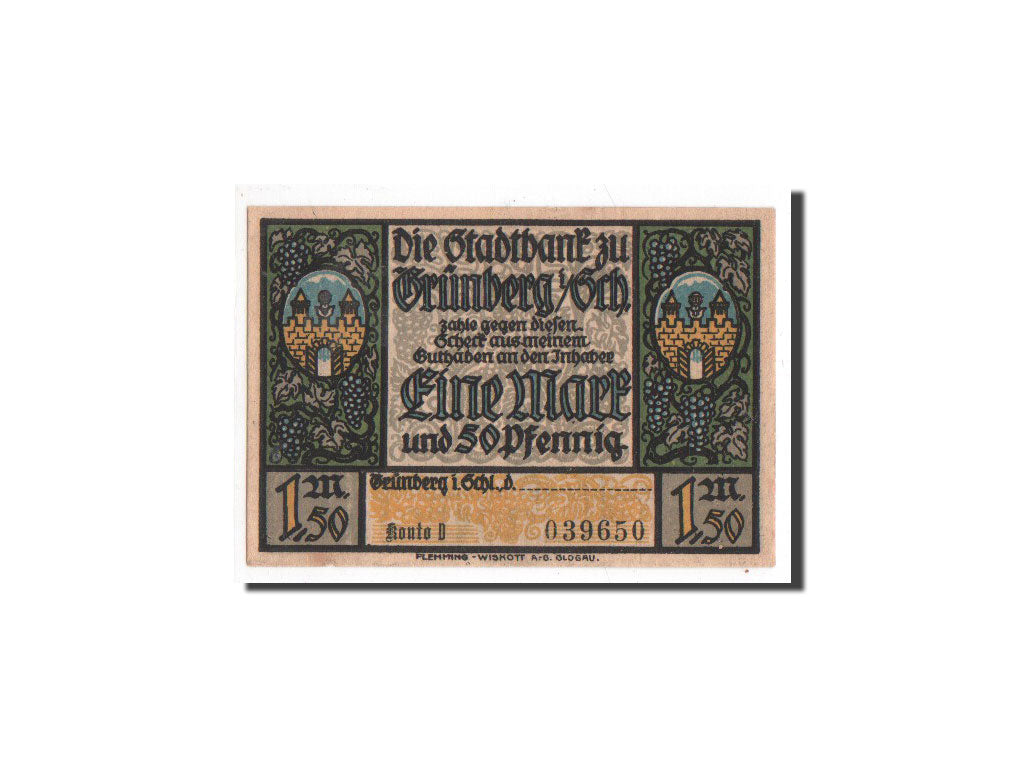 Banknote, Germany, Grunberg Stadt, 1.5 Mark, Monument, O.D, Undated, UNC(65-70)