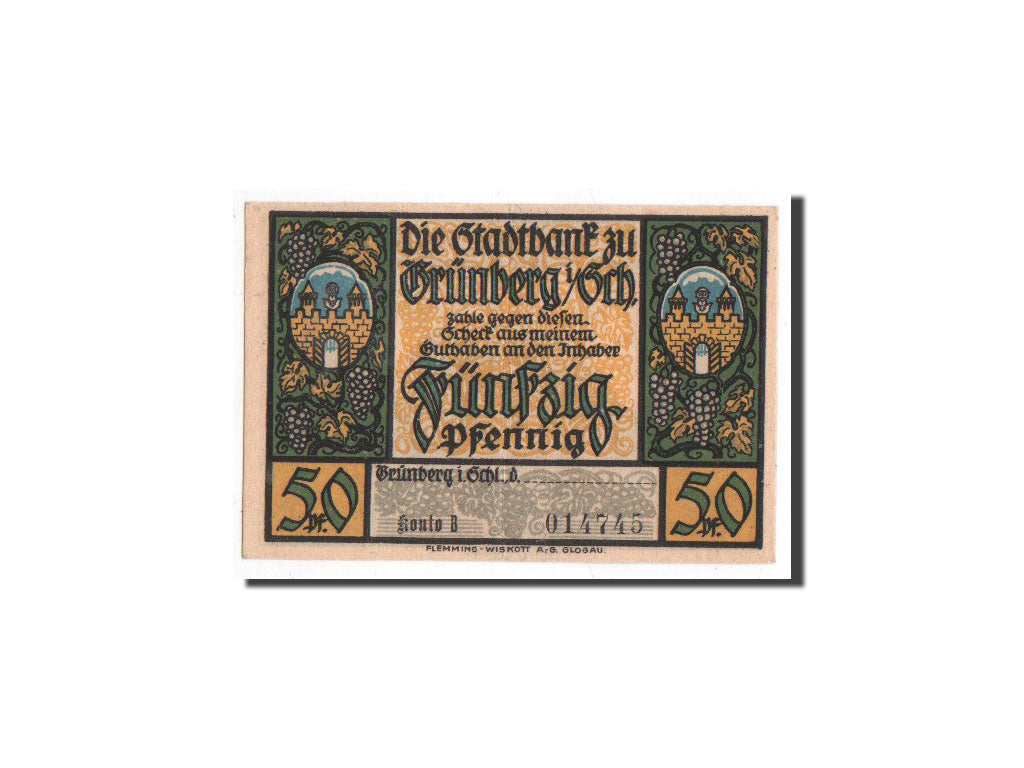 Banknote, Germany, Grunberg Stadt, 50 Pfennig, Monument, O.D, Undated