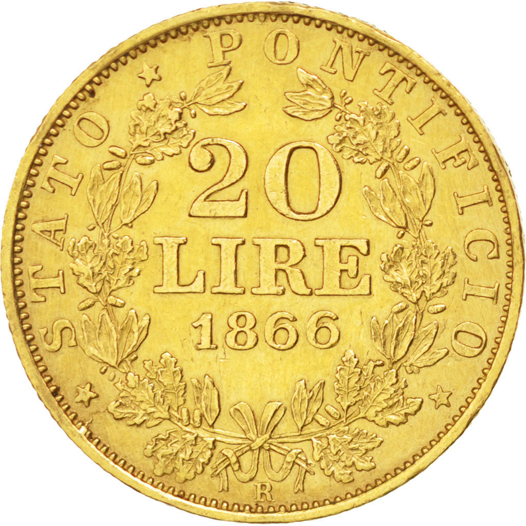 Moneda, Estados italianos, PAPAL STATES, Pius IX, 20 Lire, 1866, Roma, MBC+