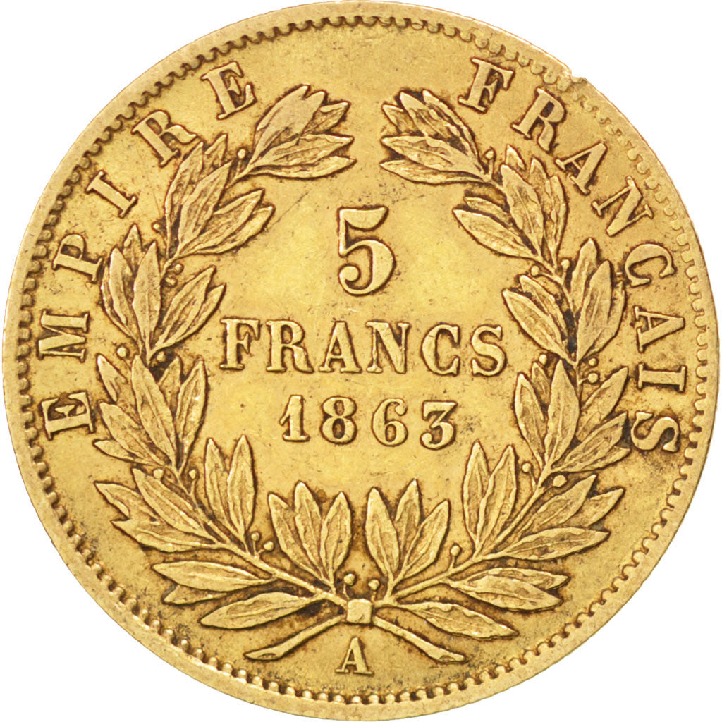 FRANCE, Napoléon III, 5 Francs, 1863, Paris, KM #803.1, EF(40-45), Gold, Gadoury