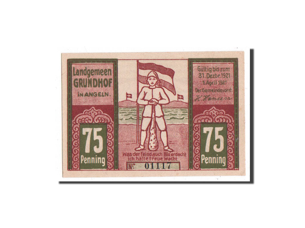 Billet, Allemagne, Grundhof in Angeln, 75 Pfennig, drapeau, 1921, 1921-04-01