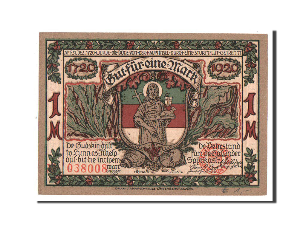 Billet, Allemagne, Helgoland, 1 Mark, oiseaux, 1921, Undated, NEUF, Mehl:595.3