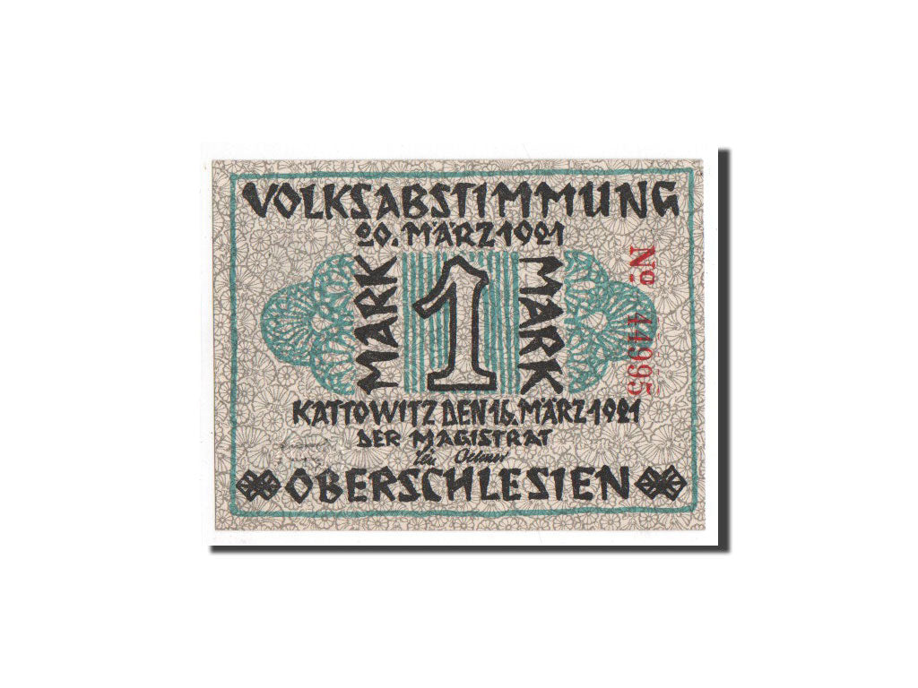 Banconote, Germania, Kattowitz, 1 Mark, machine, 1921, 1921-03-16, FDS