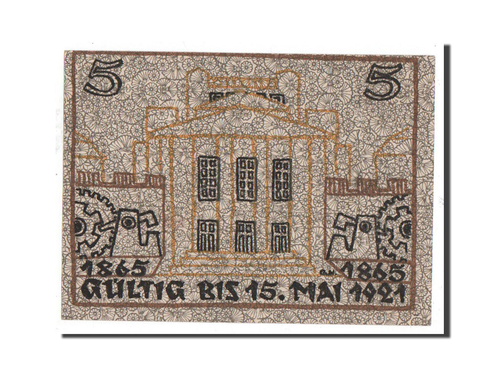 Banconote, Germania, Kattowitz, 5 Mark, machine, 1921, 1921-03-16, FDS