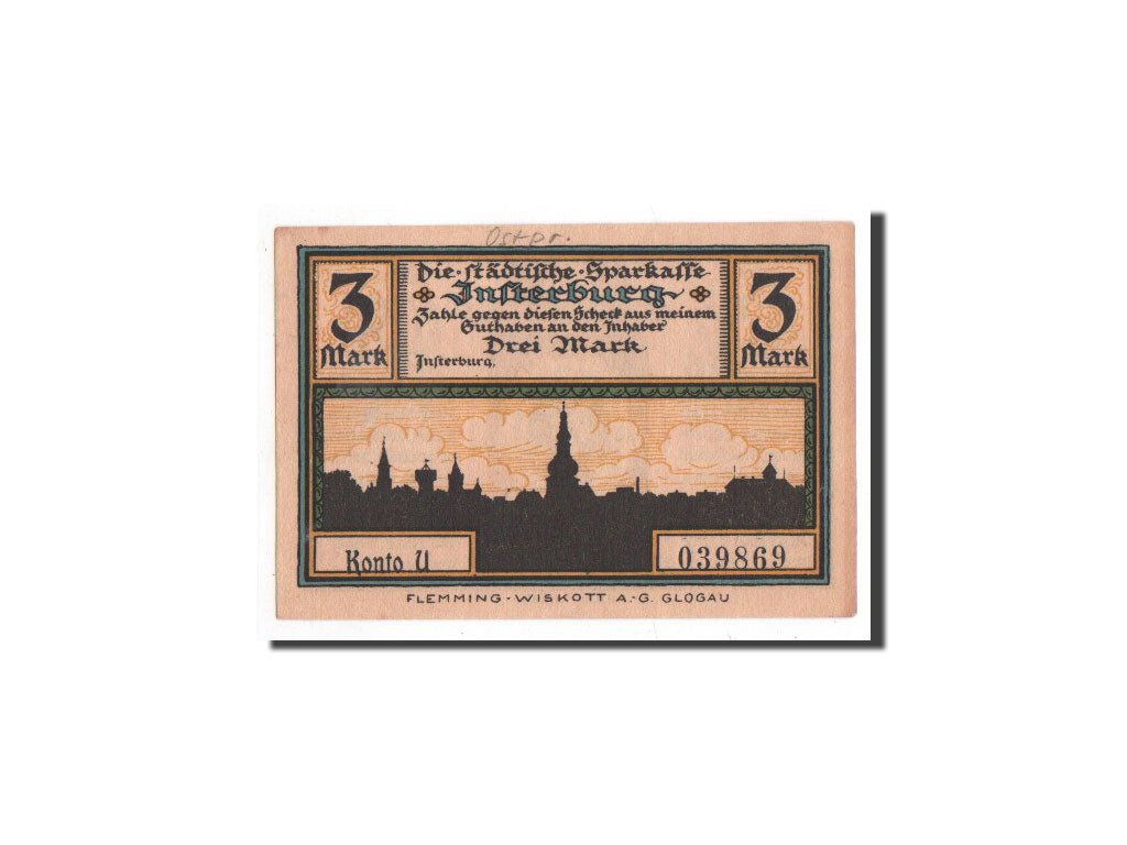 Banknote, Germany, Insterburg, 3 Mark, monument 1, O.D, Undated, UNC(65-70)