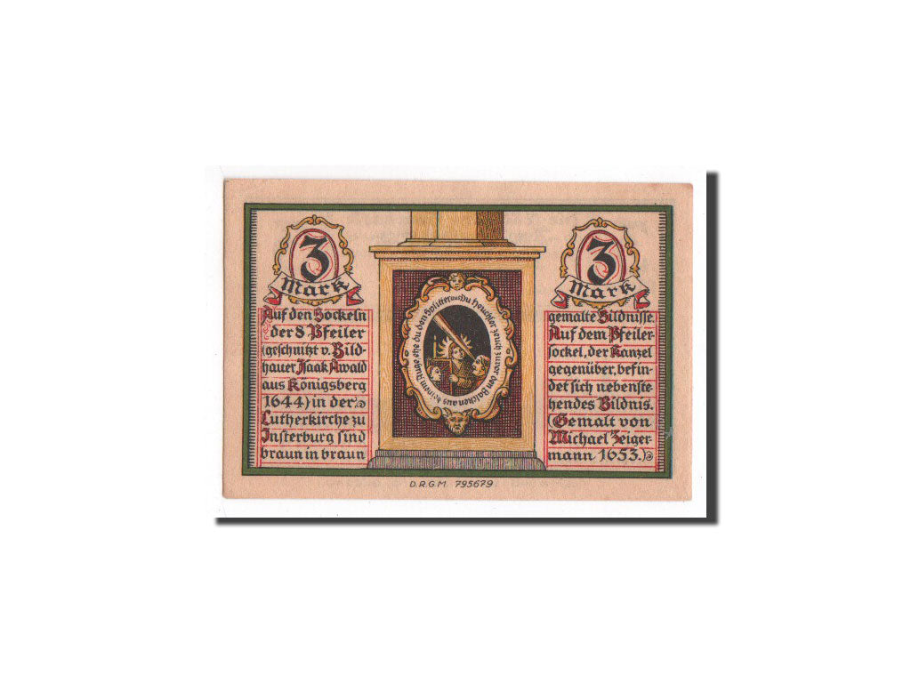 Banknote, Germany, Insterburg, 3 Mark, monument 1, O.D, Undated, UNC(65-70)