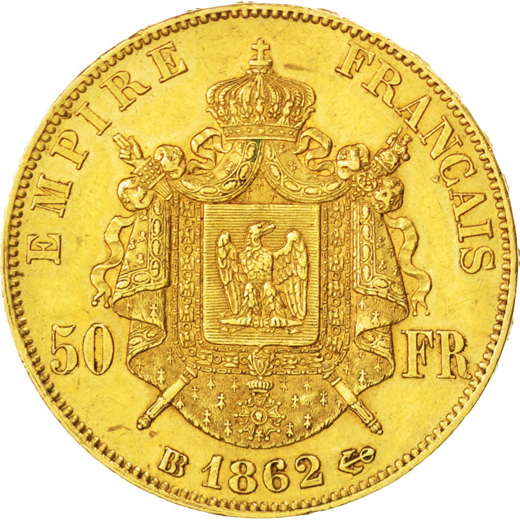FRANCE, Napoléon III, 50 Francs, 1862, Strasbourg, KM #804.2, AU(50-53), Gold, G