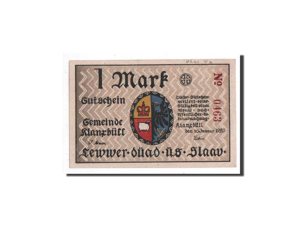 Banknote, Germany, Klanxbüll, 1 Mark, drapeau, 1920, 1920-01-10, UNC(65-70)