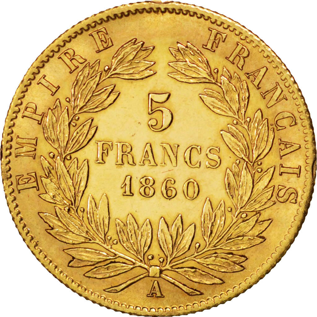 FRANCE, Napoléon III, 5 Francs, 1860, Paris, KM #787.1, EF(40-45), Gold, 16.7, G
