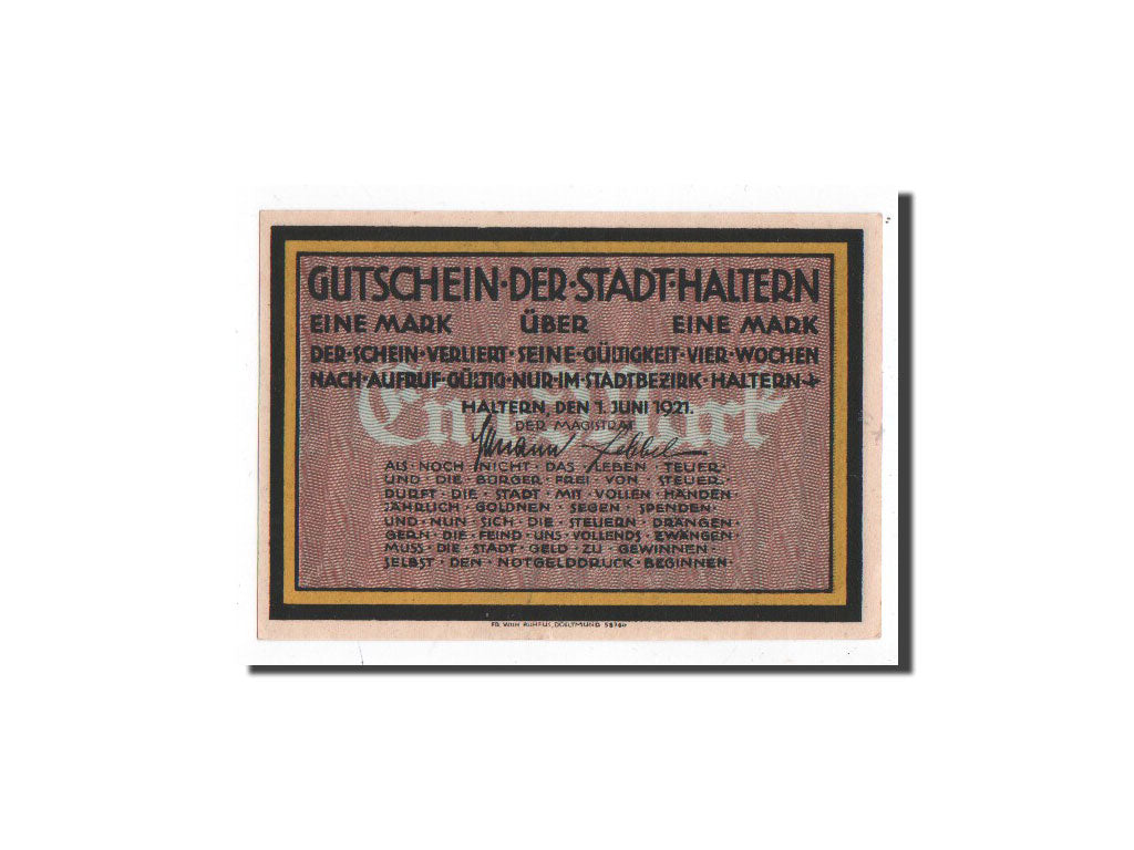 Banconote, Germania, Haltern, 1 Mark, Citation, 1921, 1921-06-01, FDS