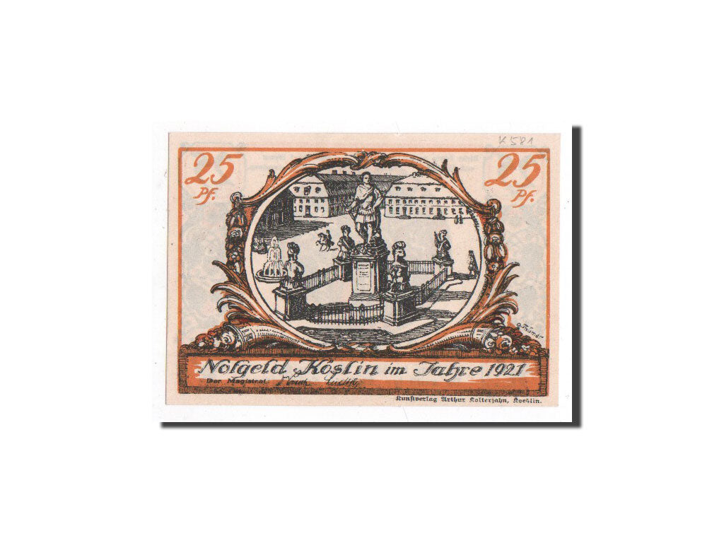 Billete, Alemania, köslin, 25 Pfennig, statue, 1921, Undated, UNC, Mehl:735.1