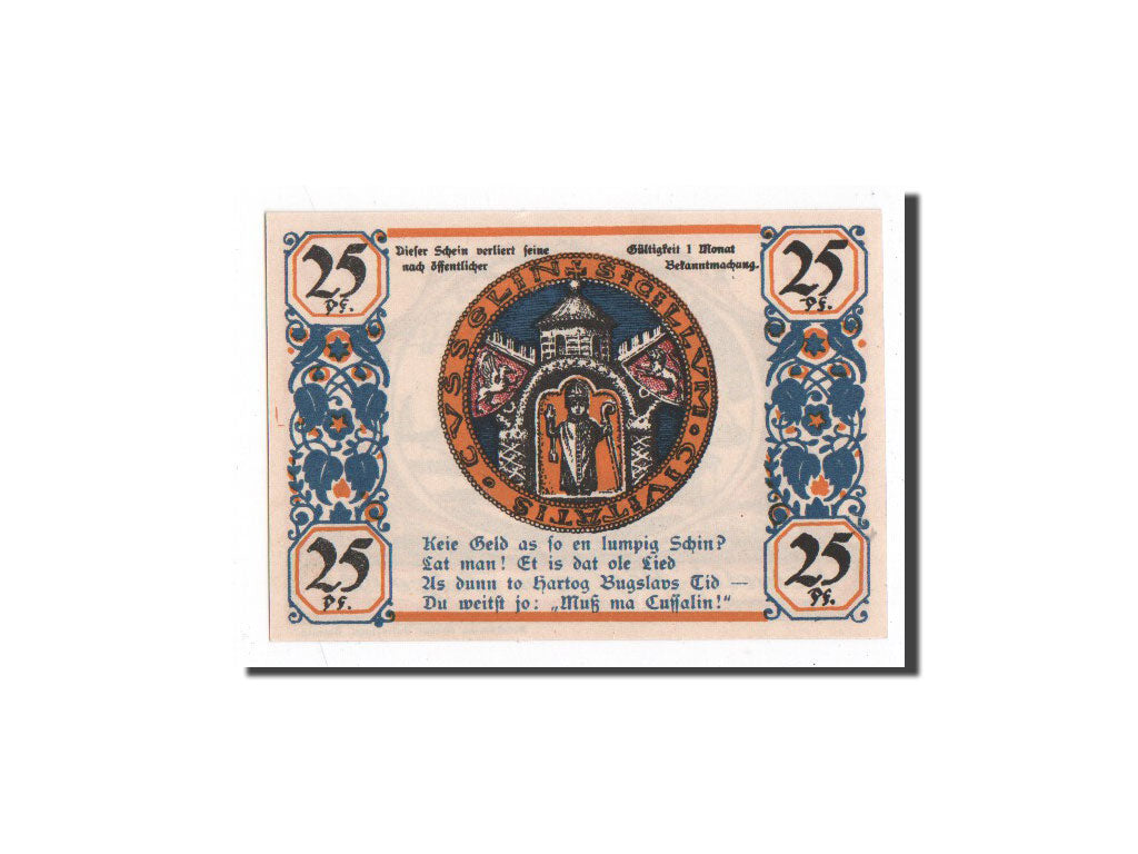 Billete, Alemania, köslin, 25 Pfennig, statue, 1921, Undated, UNC, Mehl:735.1
