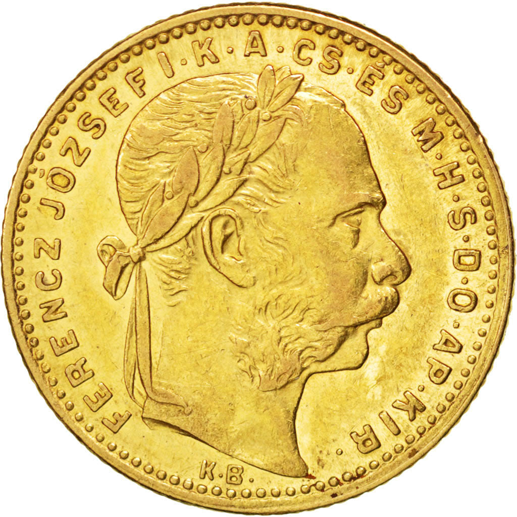 HUNGARY, 8 Forint 20 Francs, 1885, Kormoczbanya, KM #467, AU(50-53), Gold, 6.42