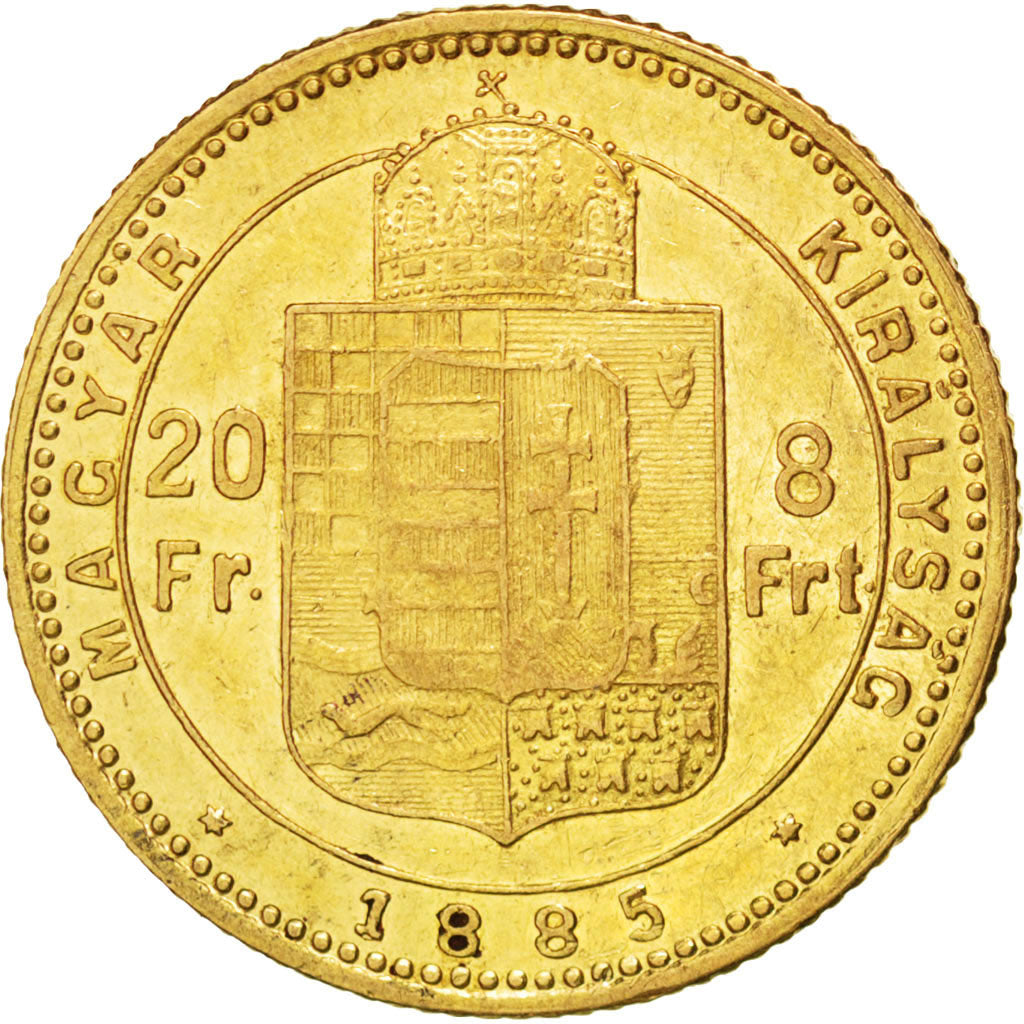 HUNGARY, 8 Forint 20 Francs, 1885, Kormoczbanya, KM #467, AU(50-53), Gold, 6.42