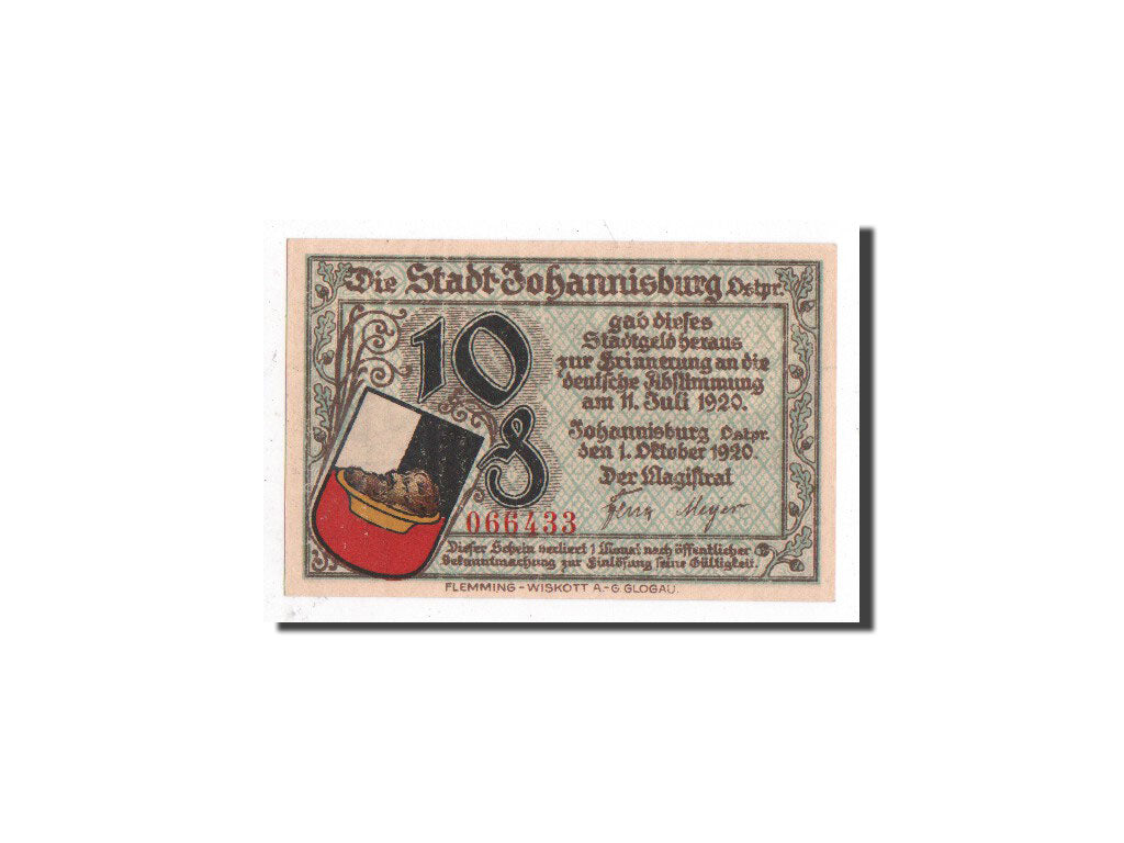 Germany, Johannisburg, 10 Pfennig, chateau, 1920-10-01, UNC(65-70), Mehl:662.1a
