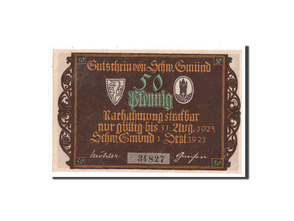 Banknote, Germany, Schwäbisch-gmünd, 50 Pfennig, prière, 1921, 1921-09-01