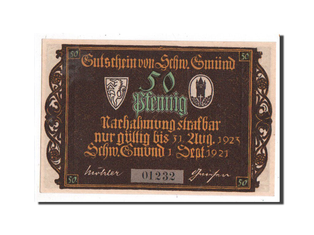 Billet, Allemagne, Schwäbisch-gmünd, 50 Pfennig, prière 1, 1921, 1921-09-01