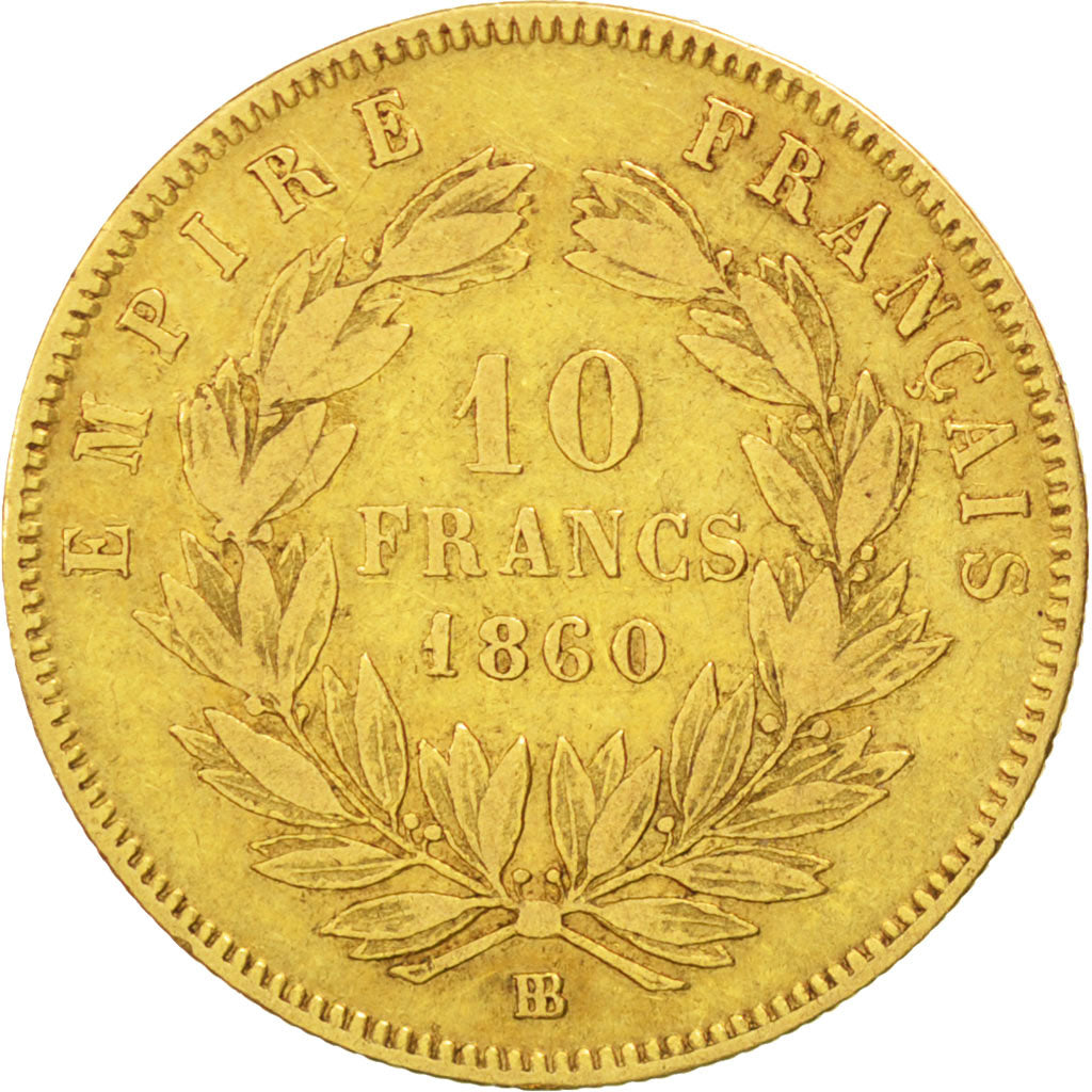 FRANCE, Napoléon III, 10 Francs, 1860, Strasbourg, KM #784.4, VF(20-25), Gold, G