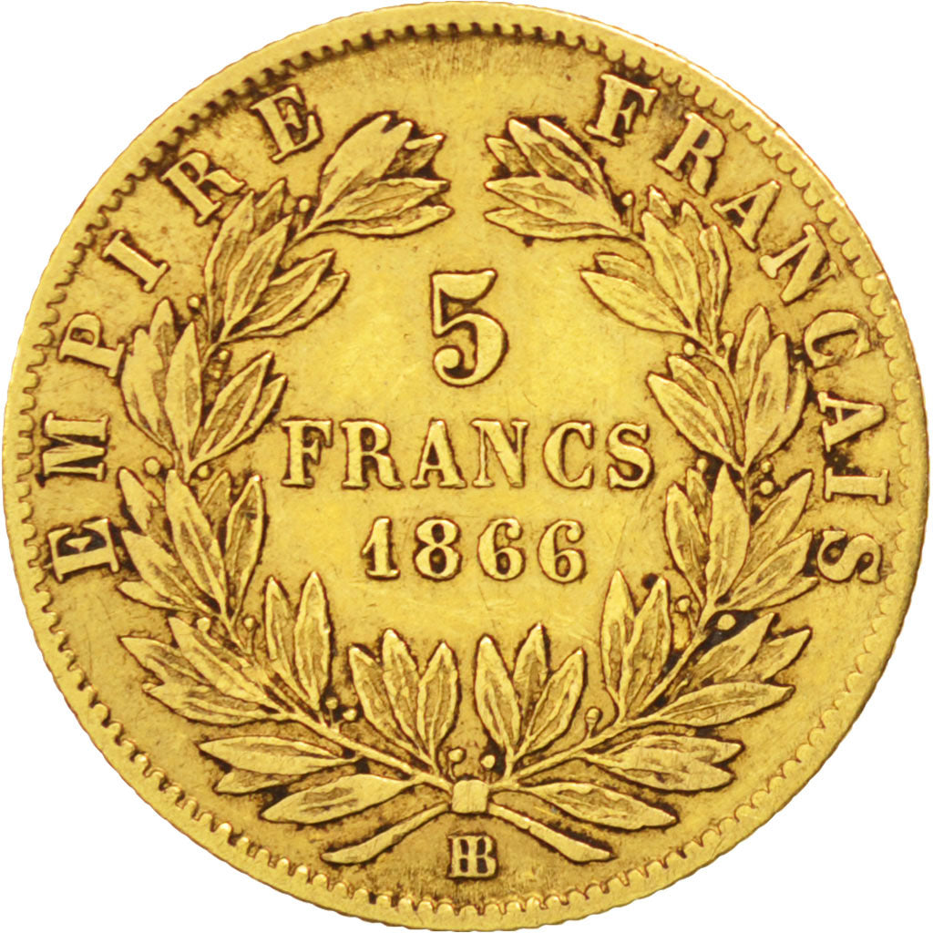 FRANCE, Napoléon III, 5 Francs, 1866, Strasbourg, KM #803.2, VF(30-35), Gold, G.