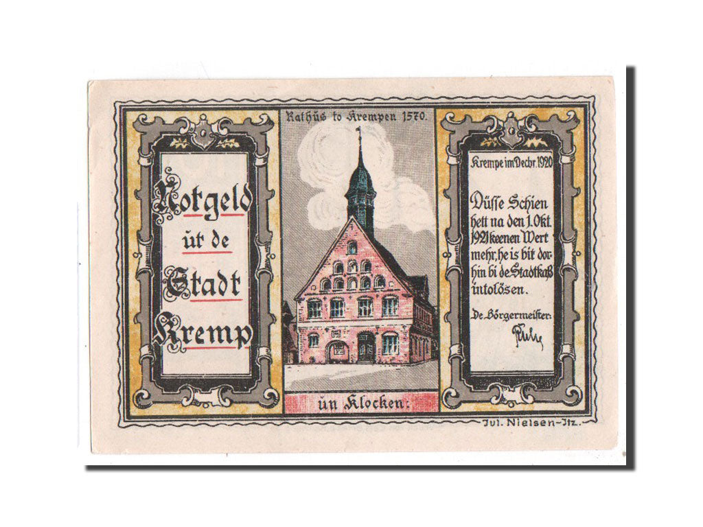 Banknote, Germany, Krempe, 100 Pfennig, Batiment, 1920, Undated, UNC(65-70)