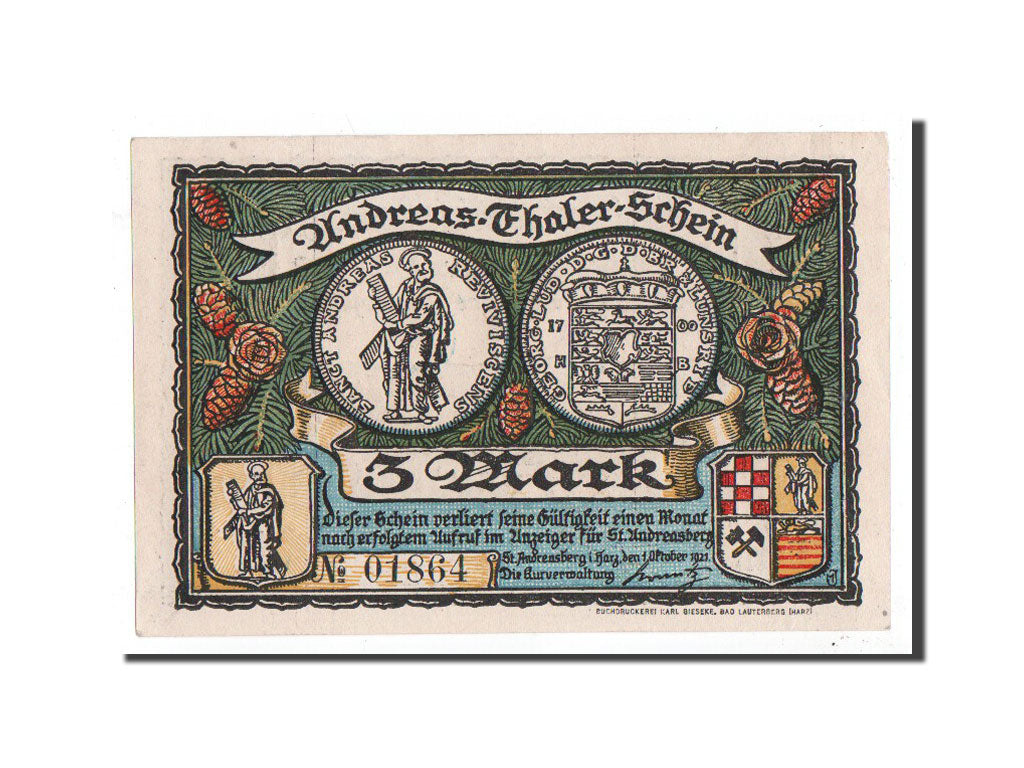 Germany, St Andreasberg, 3 Mark, ski, 1921, 1921-10-01, UNC(65-70), Mehl:1164.1