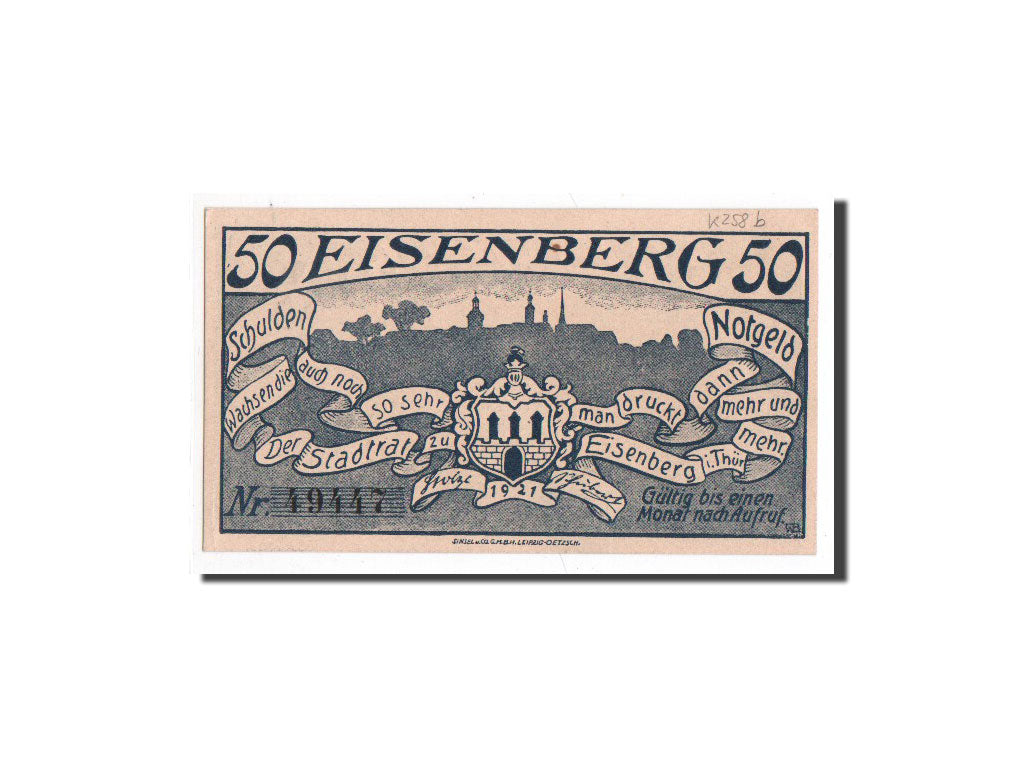 Banconote, Germania, Eisenberg Stadt, 50 Pfennig, personnage, 1921, Undated