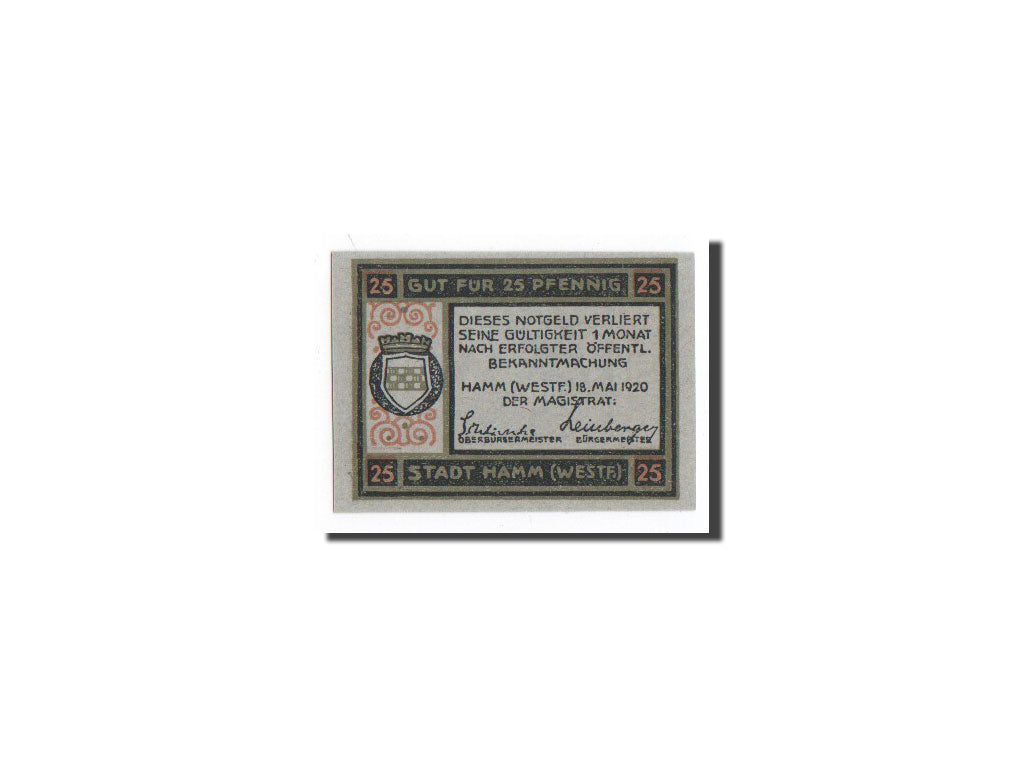 Banknote, Germany, Hamm, 25 Pfennig, château, 1920, 1920-05-18, UNC(65-70)