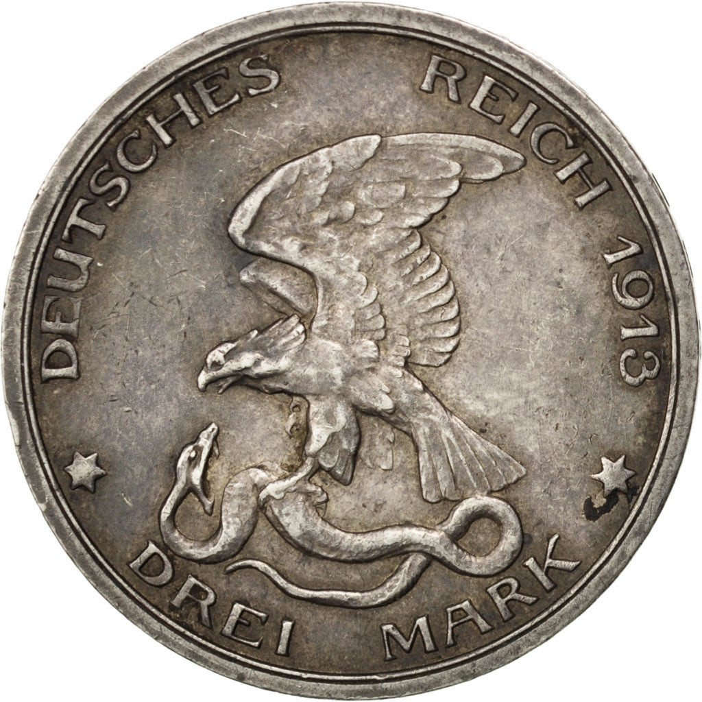Stati tedeschi, PRUSSIA, Wilhelm II, 3 Mark, 1913, Berlin, BB+, Argento, KM:534