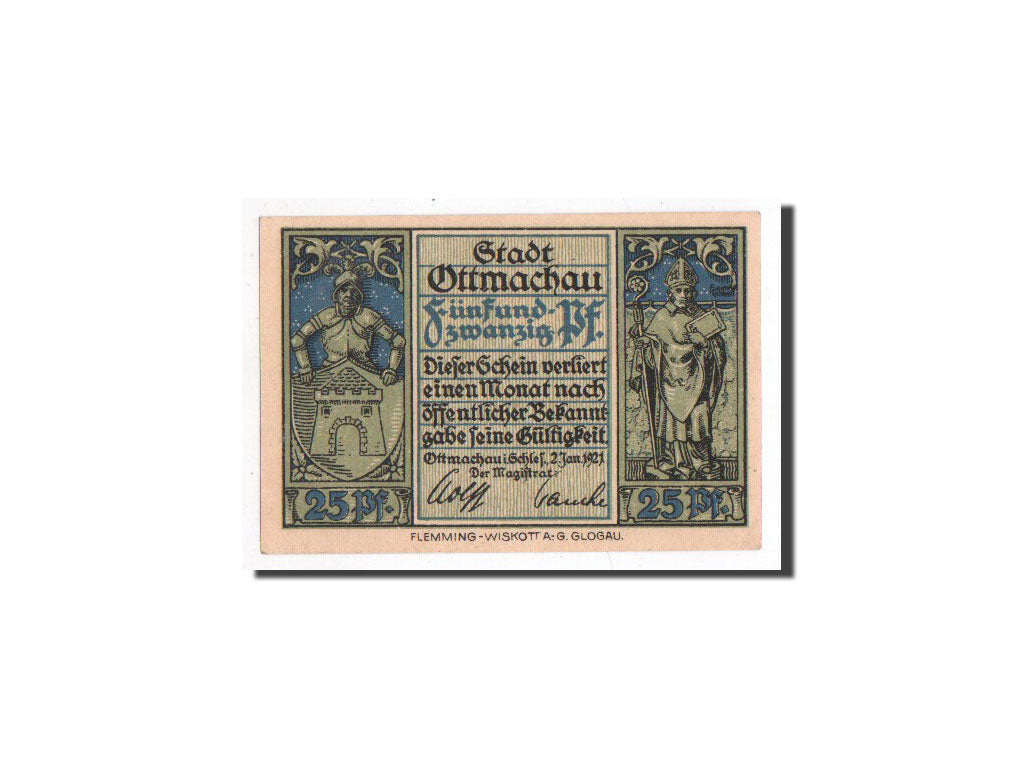 Banknote, Germany, Ottmachau, 25 Pfennig, Eglise, 1921, 1921-01-02, UNC(65-70)