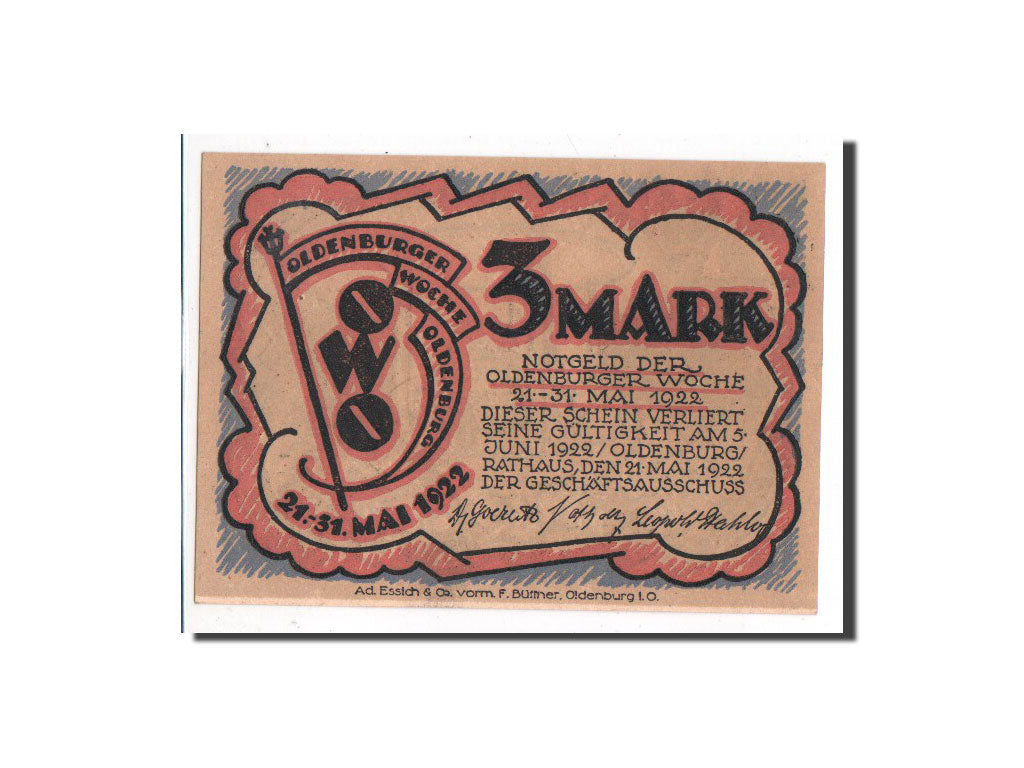 Germany, Oldenburg, 3 Mark, théatre, 1922-05-21, UNC(65-70), Mehl:1018.1