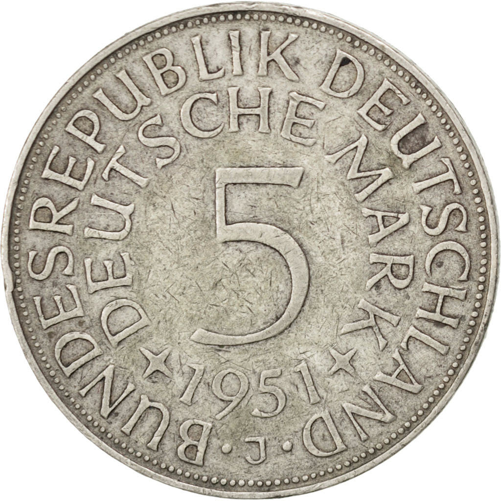 Moneda, ALEMANIA - REPÚBLICA FEDERAL, 5 Mark, 1951, Hambourg, MBC+, Plata