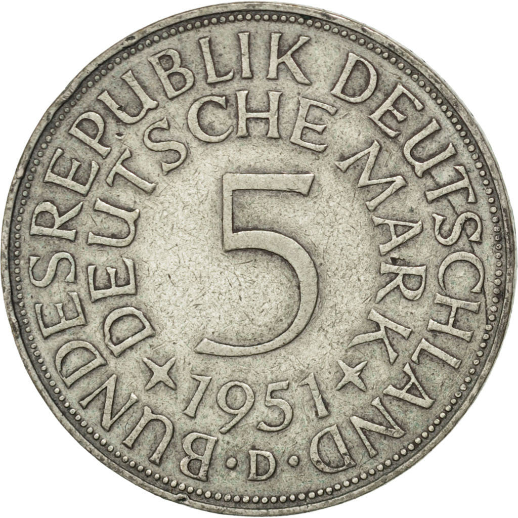 Coin, GERMANY - FEDERAL REPUBLIC, 5 Mark, 1951, Munich, AU(50-53), Silver