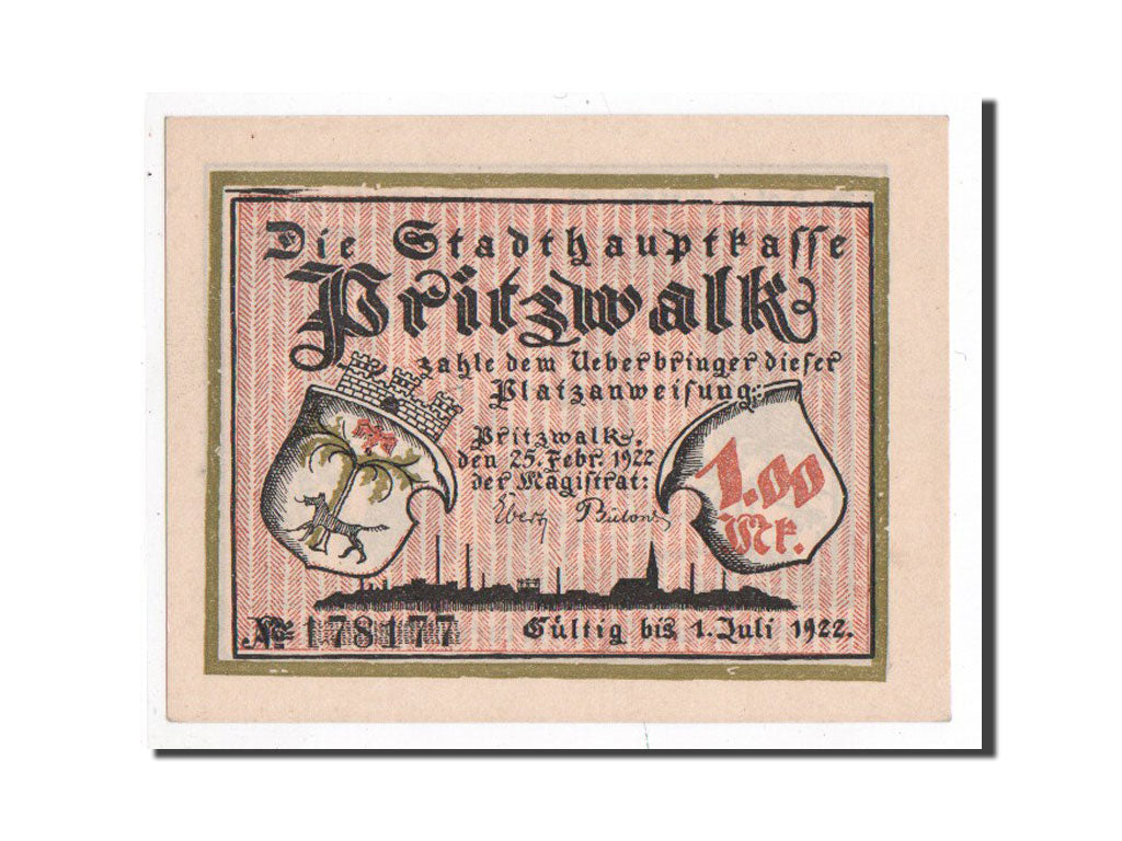 Banknote, Germany, Pritzwalk, 1 Mark, personnage, 1922, 1922-02-25, UNC(65-70)