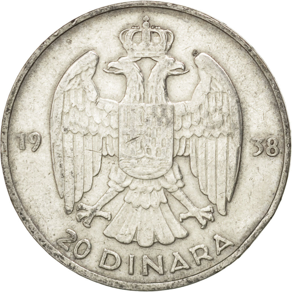 YUGOSLAVIA, 20 Dinara, 1938, KM #23, EF(40-45), Silver, 27, 8.96