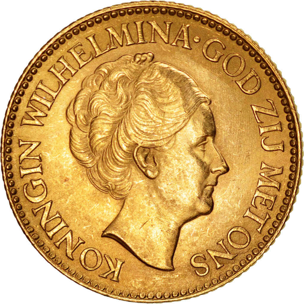 NETHERLANDS, 10 Gulden, 1932, KM #162, MS(60-62), Gold, 22.5, 6.72