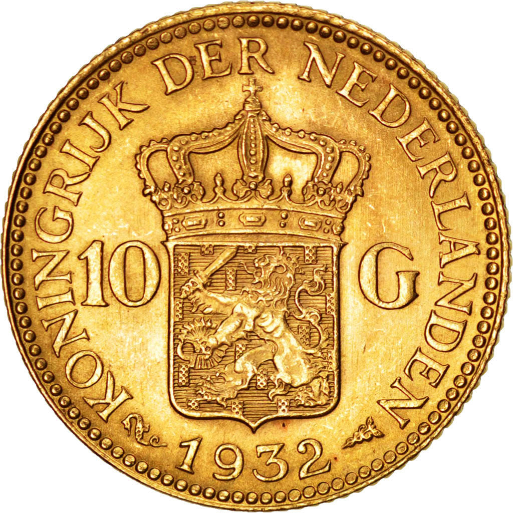 NETHERLANDS, 10 Gulden, 1932, KM #162, MS(60-62), Gold, 22.5, 6.72