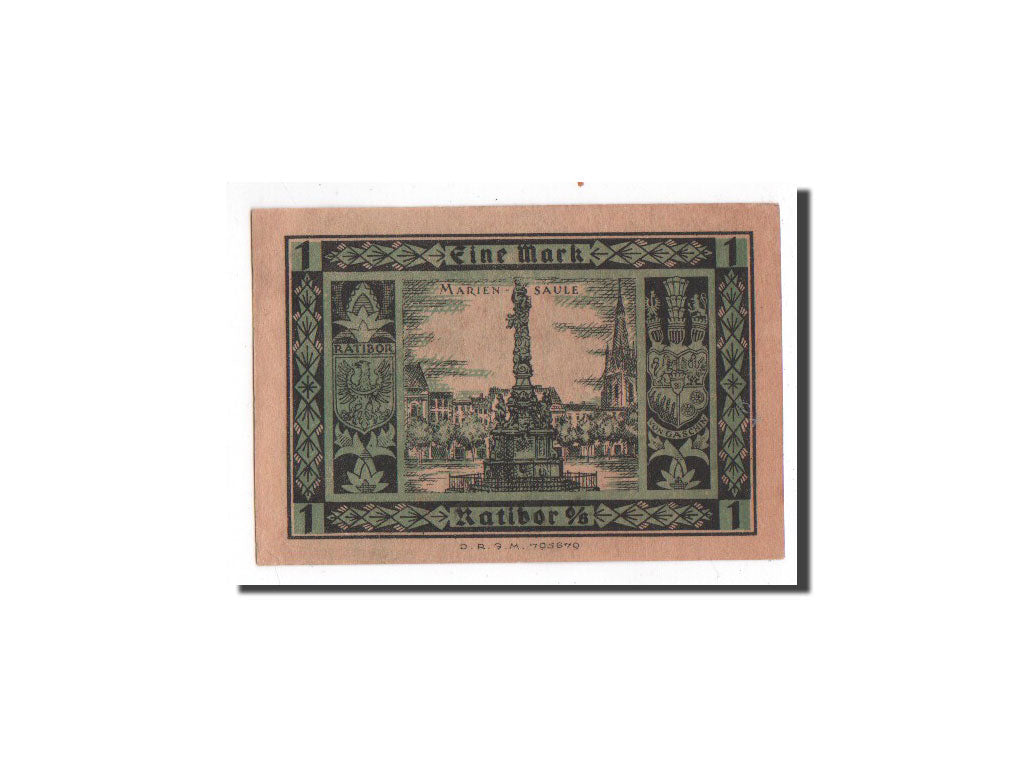Banconote, Germania, Ratibor, 1 Mark, Monument, O.D, Undated, FDS, Mehl:1100.1b