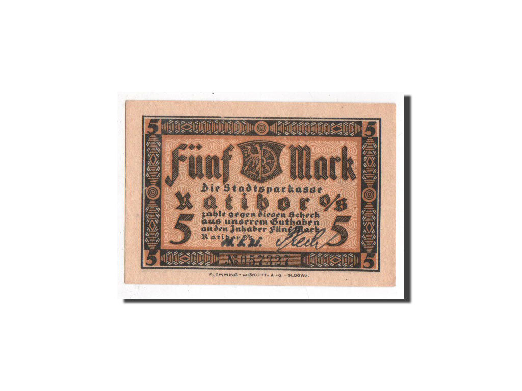 Banconote, Germania, Ratibor, 5 Mark, Monument, O.D, Undated, FDS, Mehl:1100.1b