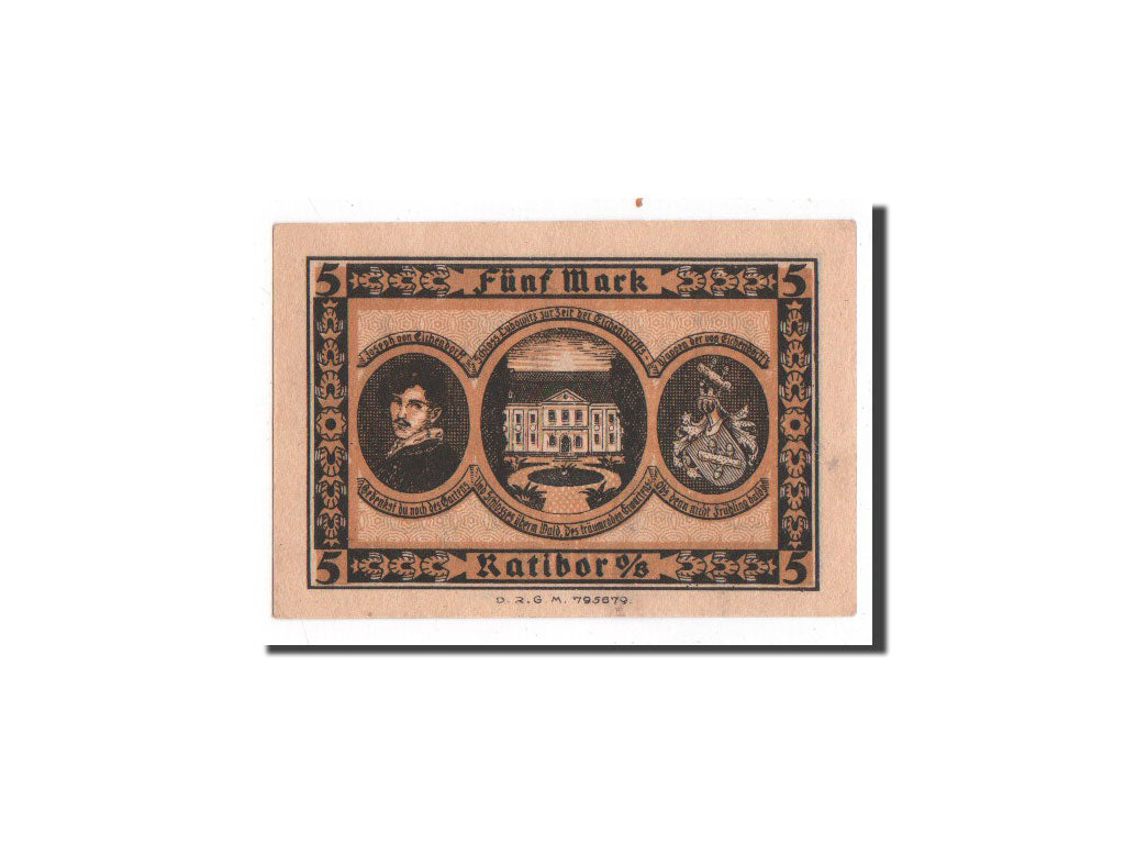 Banconote, Germania, Ratibor, 5 Mark, Monument, O.D, Undated, FDS, Mehl:1100.1b